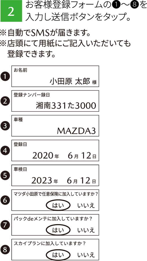 2 お客様登録フォームの1～8を入力し送信ボタンをタップ。※自動でSMSが届きます。※店頭にて用紙にご記入いただいても登録できます。